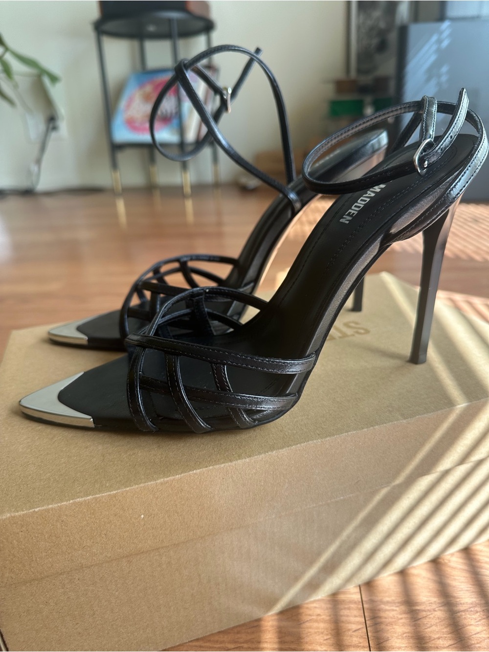 Steve Madden Black Strappy Stiletto Sandals with Silver Toe Caps